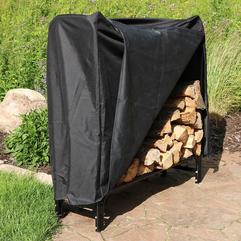 Sunnydaze Decor 4 ft Powder-Coated Steel Firewood Log Rack with Black Cover
