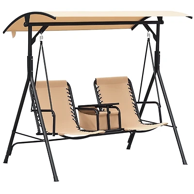 Outsunny 2-Seat Patio Swing Chair, Outdoor Canopy Swing Glider with Pivot Storage Table, Cup Holder, Adjustable Shade