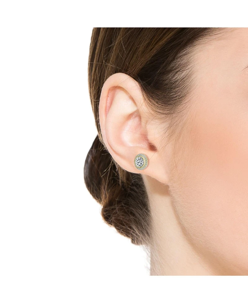 Sterling Silver Round Cubic Zirconia Milgrain Set Halo Stud Earrings