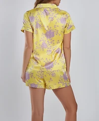 iCollection Women's Satin Print 2 Piece Notched Short Sleeve and Shorts Pajama Set
