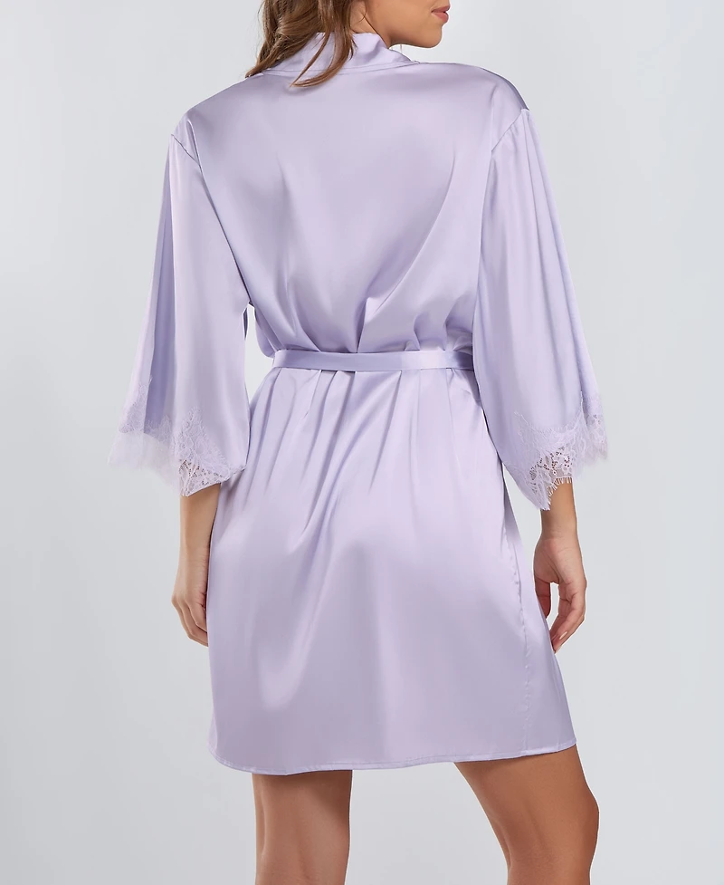 iCollection Women's Kate Satin Robe with Eyelash Lace Trim