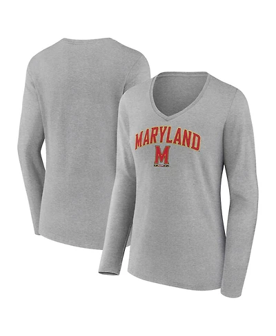 Women's Fanatics Heather Gray Maryland Terrapins Evergreen Campus Long Sleeve V-Neck T-shirt
