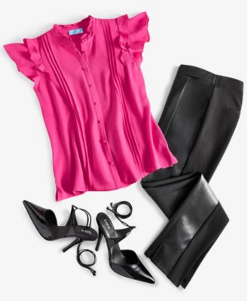 Cece Womens Pin Tuck Ruffled Blouse Faux Leather Slit Hem Leggings