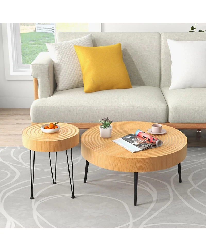 Farmhouse Round CoffeeTable Set of 2 End Table Natural Finish for Living Room