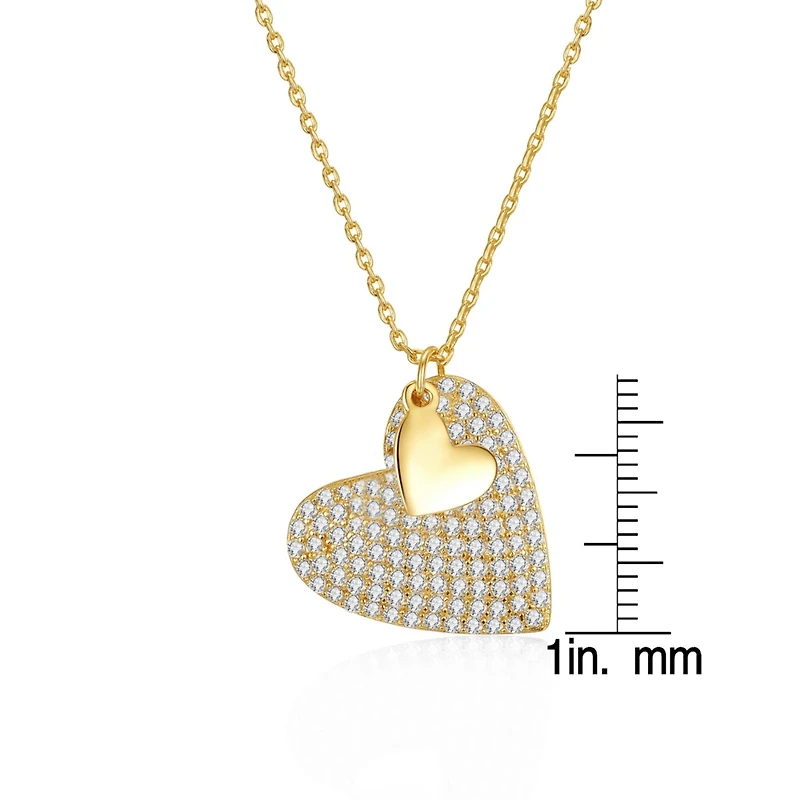 Sterling Silver 14k Yellow Gold Plated with Cubic Zirconia Pave Double Dangle Heart Charm Pendant Layering Necklace