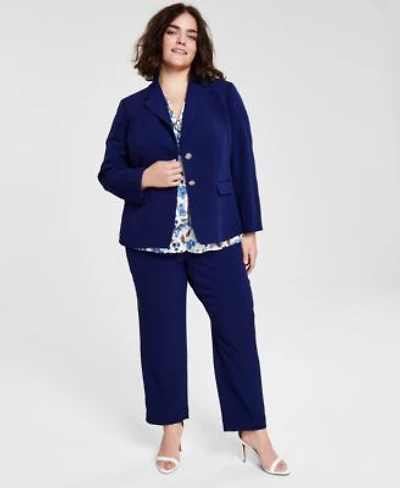 Kasper Plus Size Two Button Blazer Sleeveless Floral Print Tie Neck Top Straight Leg Pants