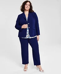 Kasper Plus Size Two Button Blazer Sleeveless Floral Print Tie Neck Top Straight Leg Pants