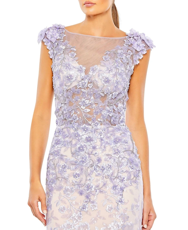 Mac Duggal Women's Embellished Cap Sleeve Illusion Neck Trumpet Gown