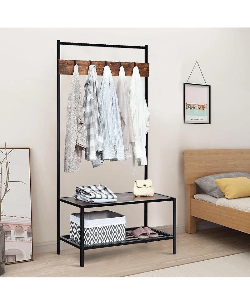 3 in 1 Industrial Coat Rack Shoe Bench Hall Tree Entryway Storage Shelf w/ Hooks
