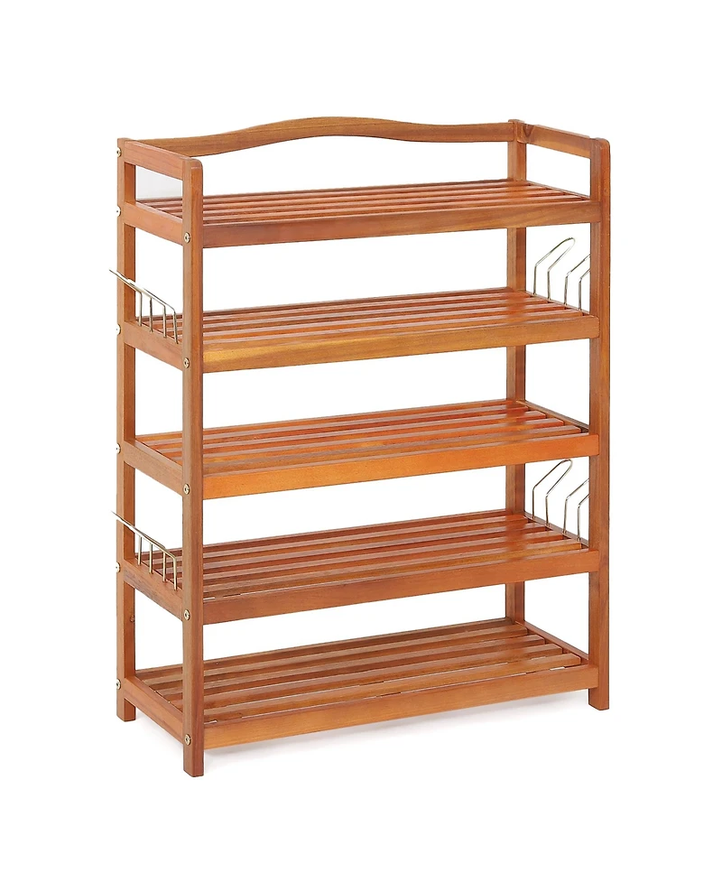 5-Tier Wood Shoe Rack Solid Acacia Wood Shoe Shelf with Side Metal Hooks