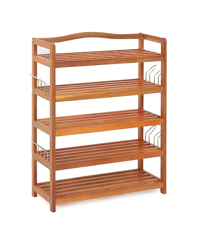 5-Tier Wood Shoe Rack Solid Acacia Wood Shoe Shelf with Side Metal Hooks