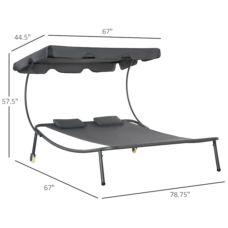Outsunny Patio Double Chaise Lounge Chair, Outdoor Wheeled Hammock Daybed with Adjustable Canopy and Pillow for Sun Room, Garden, or Poolside, Grey