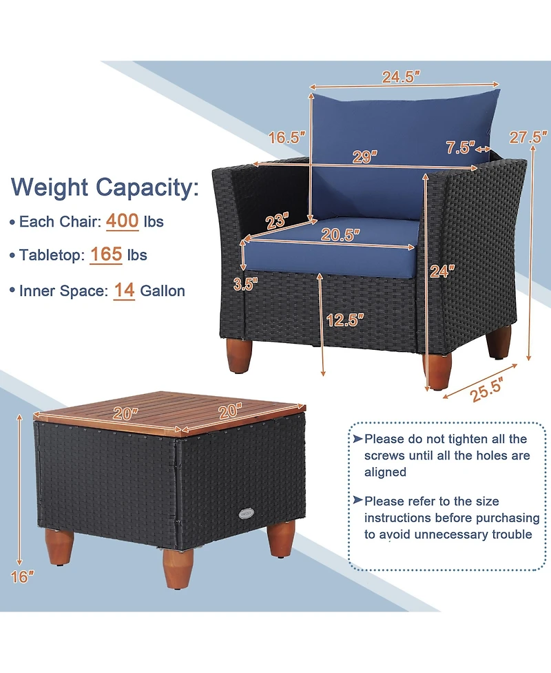 3PCS Patio Rattan Furniture Set Cushioned Sofa Storage Table with Wood Top