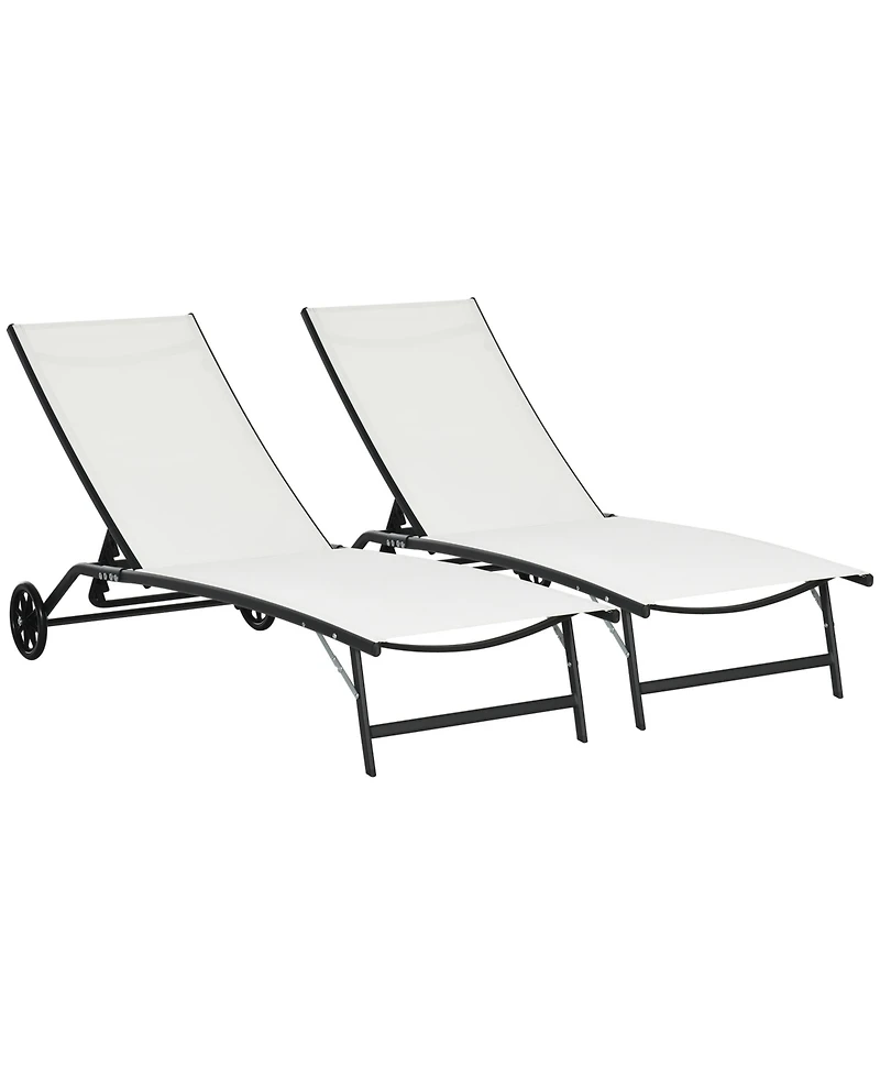 Outsunny Patio Chaise Lounge Chair Set of 2, 2 Piece Outdoor Recliner with Wheels, 5 Level Adjustable Backrest for Garden, Deck & Poolside, Cream Whit