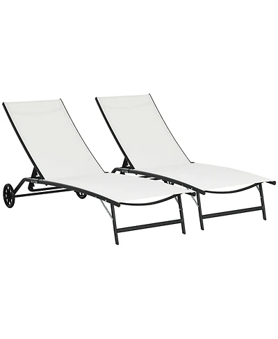 Outsunny Patio Chaise Lounge Chair Set of 2, 2 Piece Outdoor Recliner with Wheels, 5 Level Adjustable Backrest for Garden, Deck & Poolside, Cream Whit