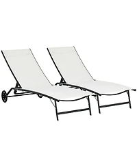 Outsunny Patio Chaise Lounge Chair Set of 2, 2 Piece Outdoor Recliner with Wheels, 5 Level Adjustable Backrest for Garden, Deck & Poolside, Cream Whit
