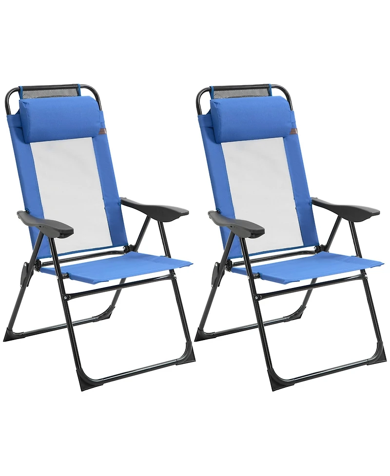 Outsunny Set of 2 Folding Patio Chairs, Camping Chairs with Adjustable Sling Back, Removable Headrest, Armrest for Garden, Backyard, Lawn, Blue