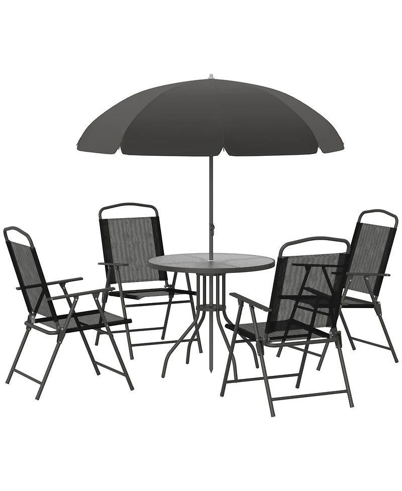 Outsunny 6 Piece Patio Dining Set with Garden Umbrella, 4 Folding Chairs,