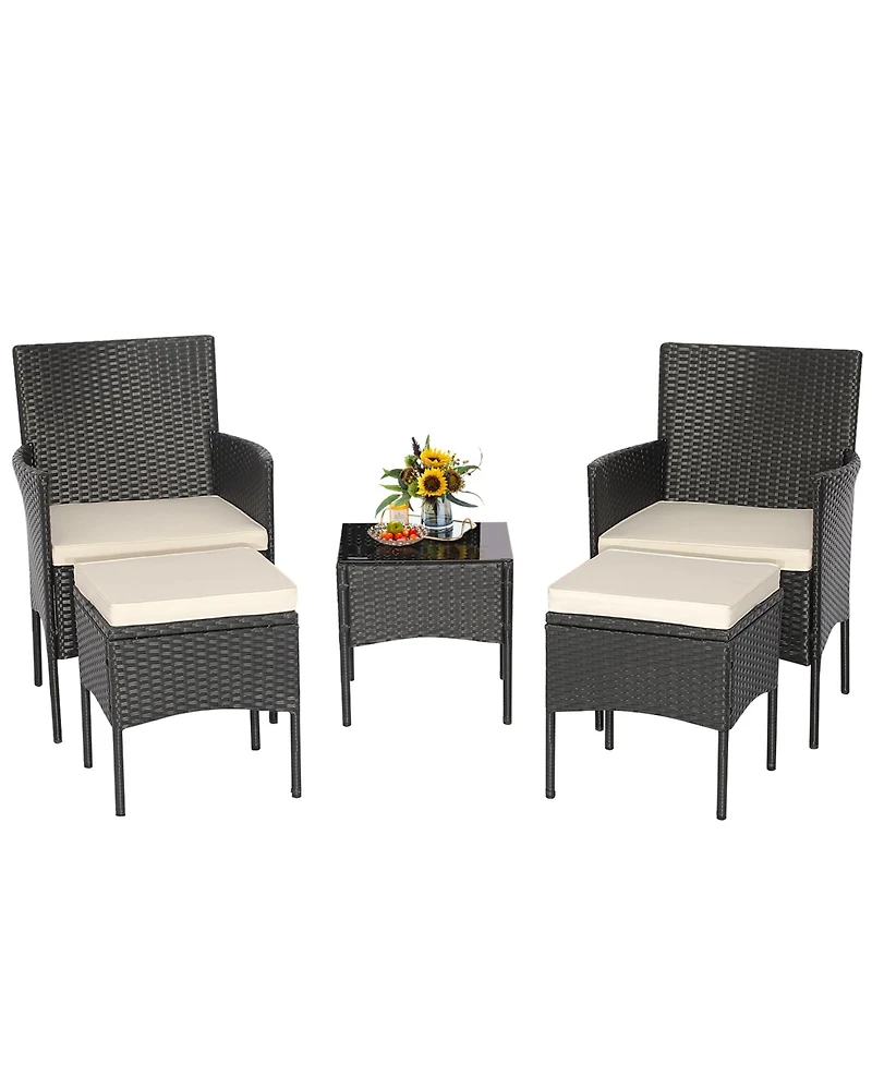 5PCS Patio Rattan Furniture Set Cushioned Sofa Ottoman Armrest Side Table Garden