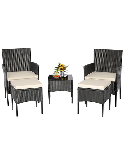 5PCS Patio Rattan Furniture Set Cushioned Sofa Ottoman Armrest Side Table Garden