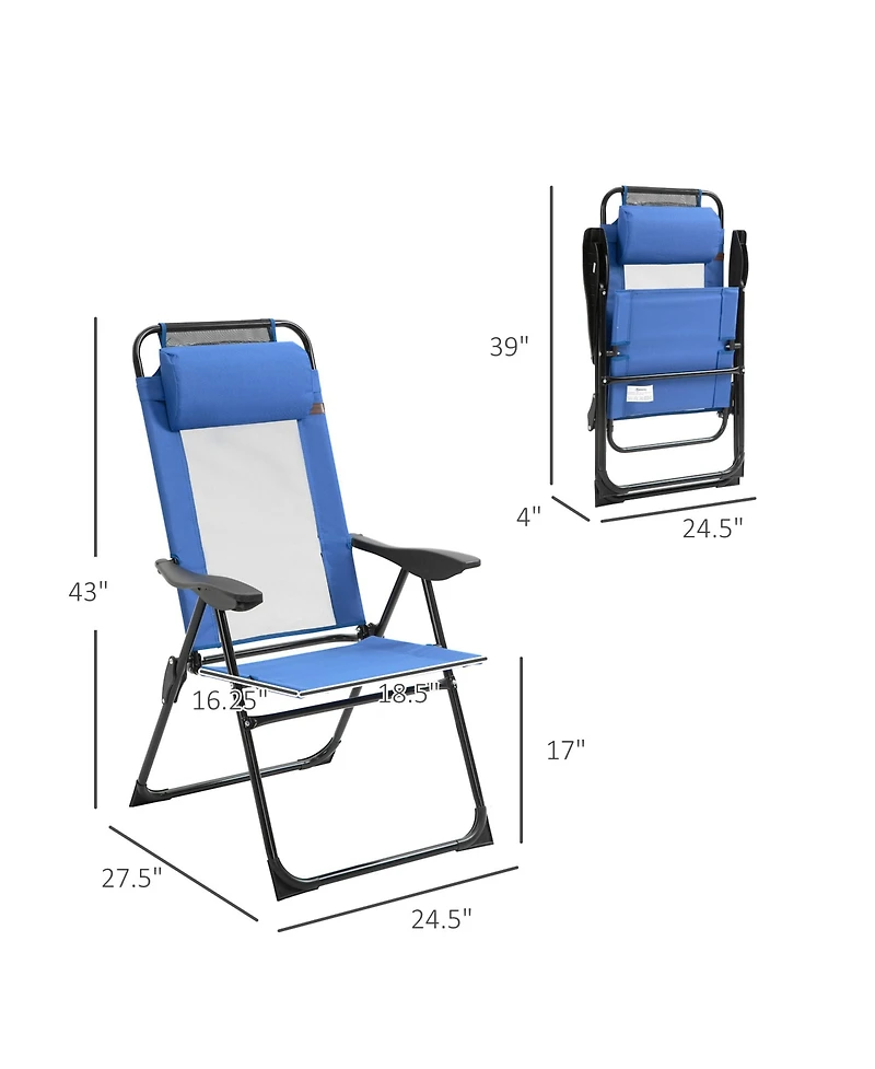 Outsunny Set of 2 Folding Patio Chairs, Camping Chairs with Adjustable Sling Back, Removable Headrest, Armrest for Garden, Backyard, Lawn, Blue