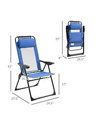 Outsunny Set of 2 Folding Patio Chairs, Camping Chairs with Adjustable Sling Back, Removable Headrest, Armrest for Garden, Backyard, Lawn, Blue