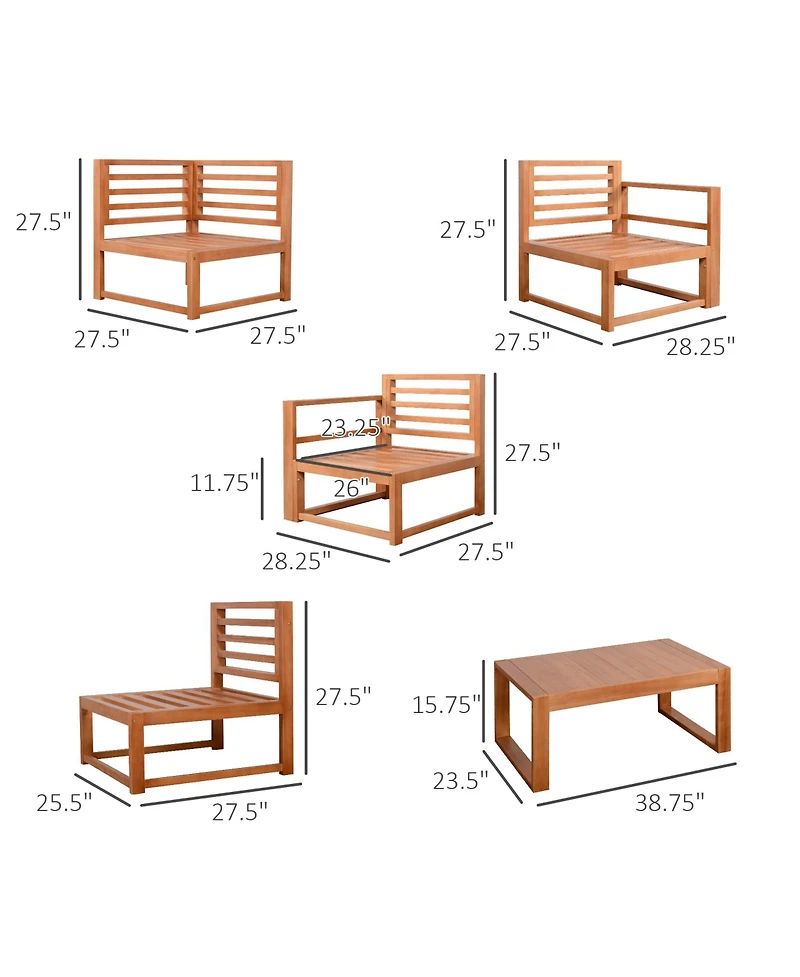 Outsunny 5pc Patio Furniture Set, Wood Sectional Sofa Cushions, Table,