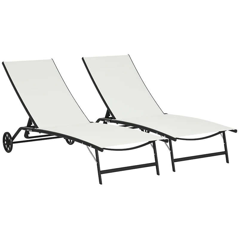 Outsunny Patio Chaise Lounge Chair Set of 2, 2 Piece Outdoor Recliner with Wheels, 5 Level Adjustable Backrest for Garden, Deck & Poolside, Cream Whit