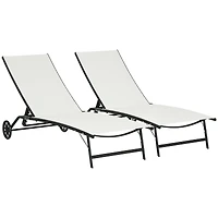 Outsunny Patio Chaise Lounge Chair Set of 2, 2 Piece Outdoor Recliner with Wheels, 5 Level Adjustable Backrest for Garden, Deck & Poolside, Cream Whit