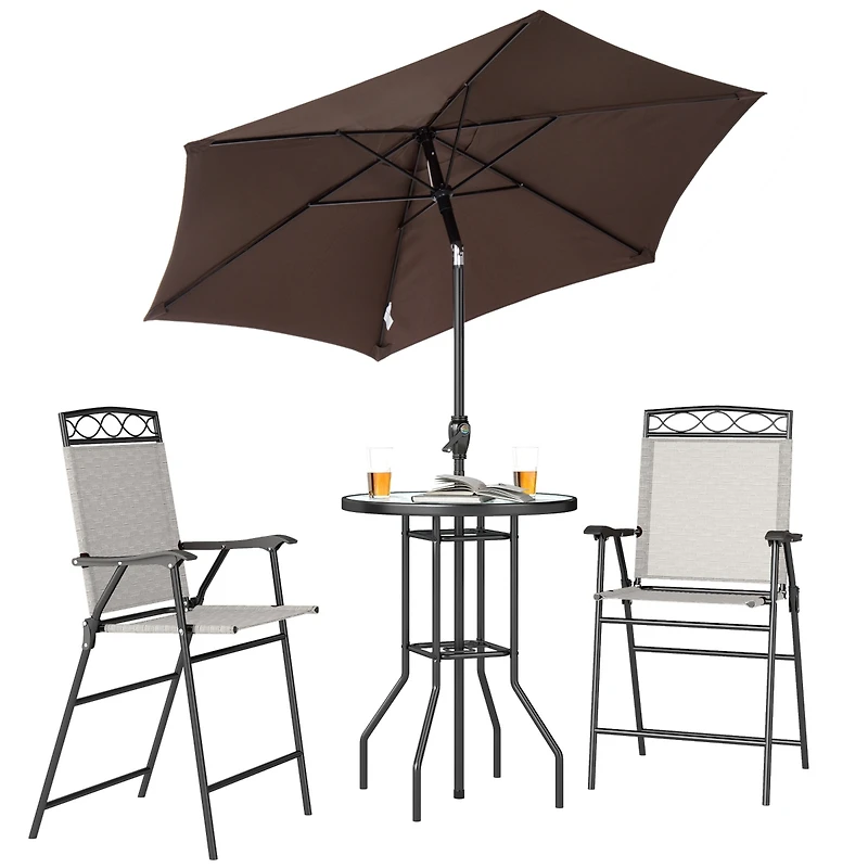 Outsunny 4 Piece Outdoor Patio Dining Furniture Set, 2 Folding Chairs, Adjustable Angle Umbrella, Wave Textured Tempered Glass Dinner Table