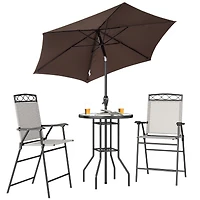 Outsunny 4 Piece Outdoor Patio Dining Furniture Set, 2 Folding Chairs, Adjustable Angle Umbrella, Wave Textured Tempered Glass Dinner Table