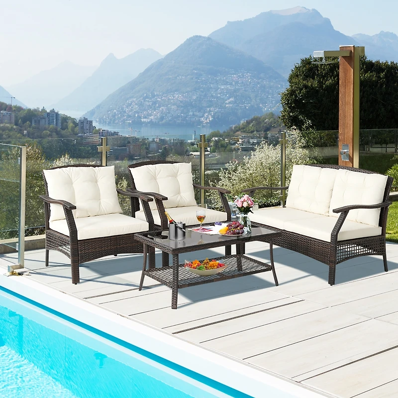 4 Pcs Outdoor Rattan Conversation Set Patio Rattan Sofa Set W/ Protective Cover