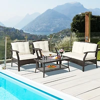 4 Pcs Outdoor Rattan Conversation Set Patio Rattan Sofa Set W/ Protective Cover