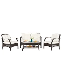 4 Pcs Outdoor Rattan Conversation Set Patio Rattan Sofa Set W/ Protective Cover
