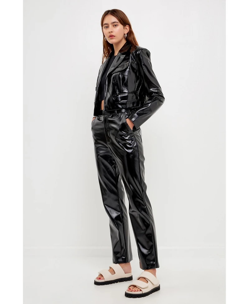 Grey Lab Women's Shiny Faux Leather Cropped Jacket