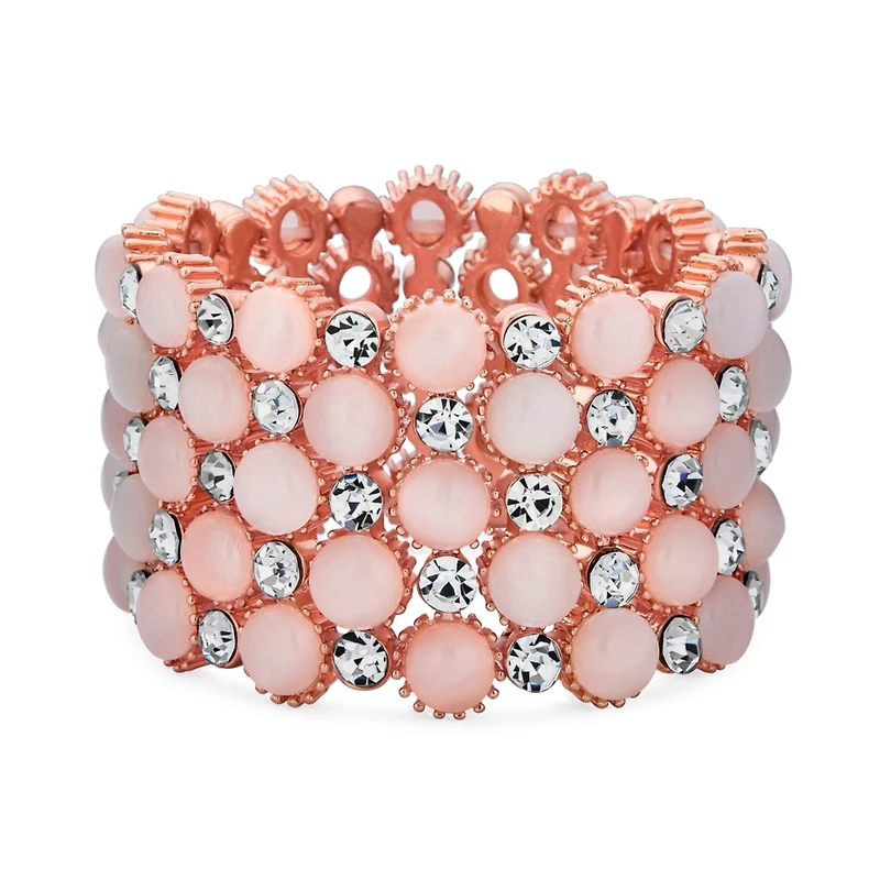 Bling Jewelry Holiday Fashion Wide Cuff Pink Rose Gold Plated Pink Cats Eye Crystal Statement Stretch Bracelet Prom