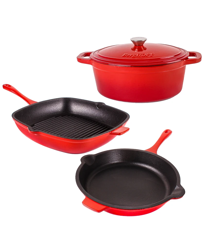 BergHOFF Neo 4pc Cast Iron Cookware Set, Grill Pan, Fry Pan & Oval Dutch Oven