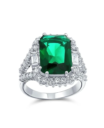 Bling Jewelry 7CT Cubic Zirconia Cz Pave Rectangle Green Emerald Cut Statement Fashion Ring Rhodium Plated Brass