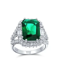 Bling Jewelry 7CT Cubic Zirconia Cz Pave Rectangle Green Emerald Cut Statement Fashion Ring Rhodium Plated Brass
