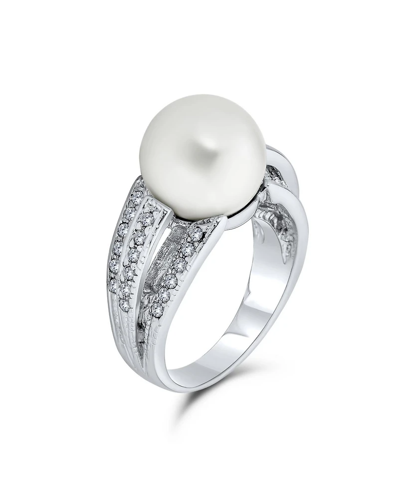 Bling Jewelry Pave Cz Solitaire White Simulated Pearl Fashion Statement Ring Silver Plated Brass