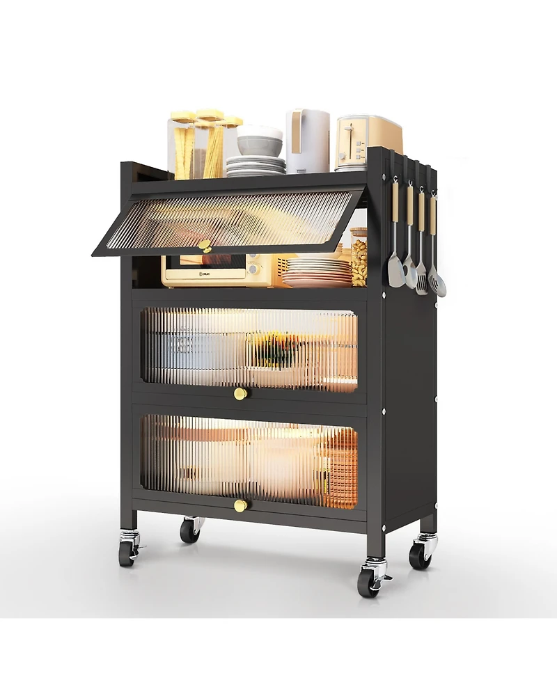 Mega Casa 3 Door Accent Cabinet, 4 Tier Kitchen Organizer Shelf, Black