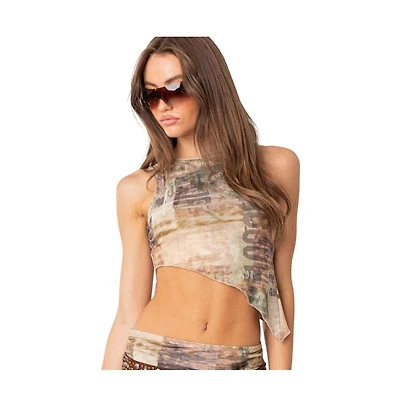 Women's Boa Mesh Asymmetric Printed Top