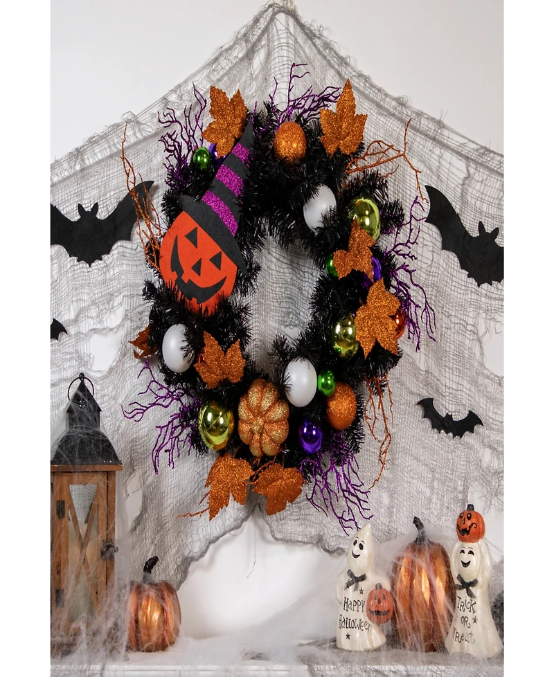 Jack-o'-Lantern in Witches Hat Halloween Pine Wreath, 24" Unlit