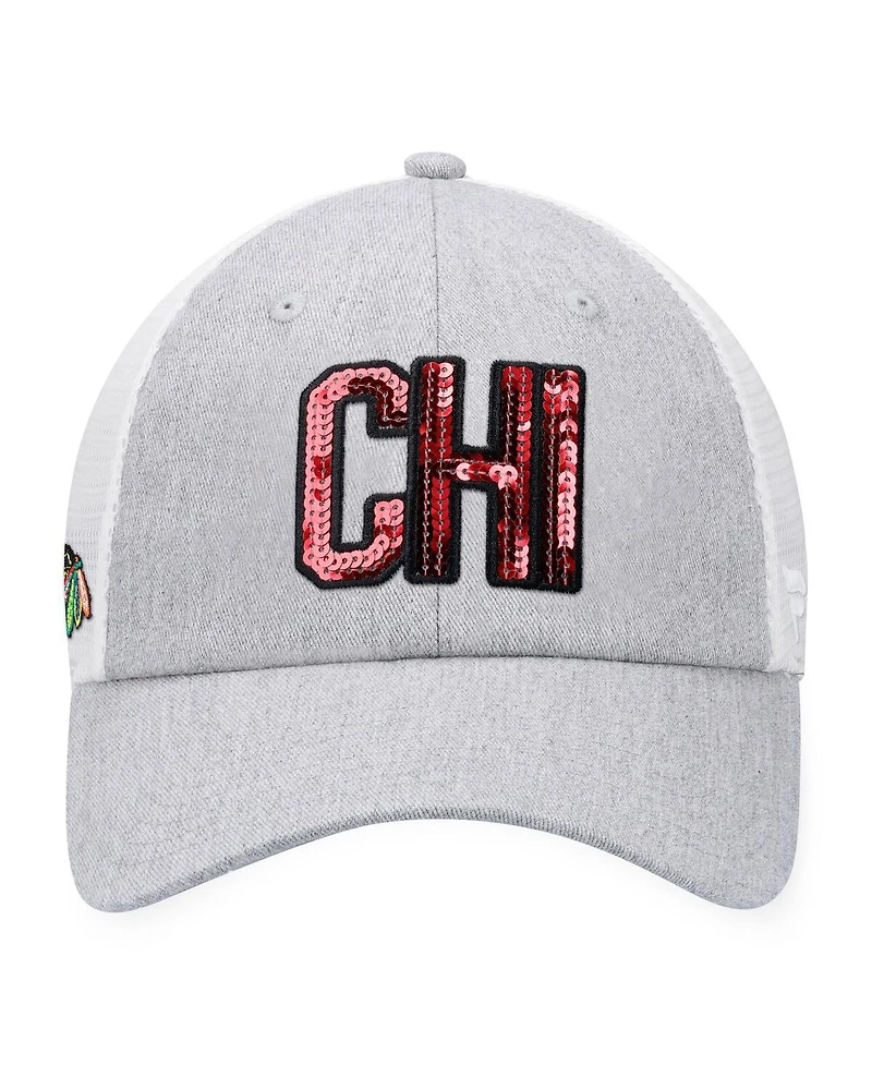 Women's Fanatics Heather Gray, White Chicago Blackhawks Iconic Glimmer Trucker Snapback Hat
