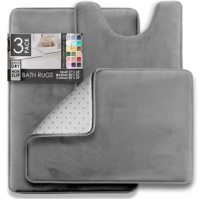 3 Piece Ultra Soft Non-Slip Plush Memory Foam Bath Rug Set - Small, Large & Contour Tiled Design
