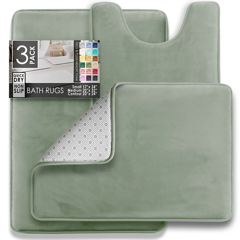 3 Piece Ultra Soft Non-Slip Plush Memory Foam Bath Rug Set - Small, Large & Contour Tiled Design
