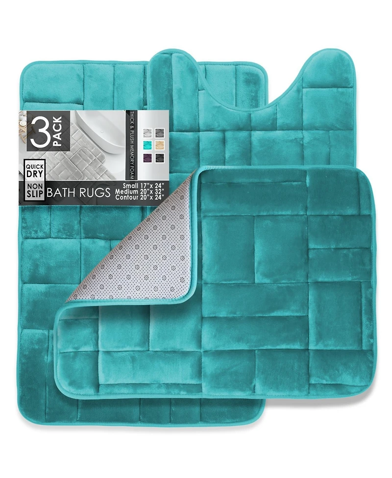 3 Piece Ultra Soft Non-Slip Plush Memory Foam Bath Rug Set - Small, Large & Contour - Tiled Design