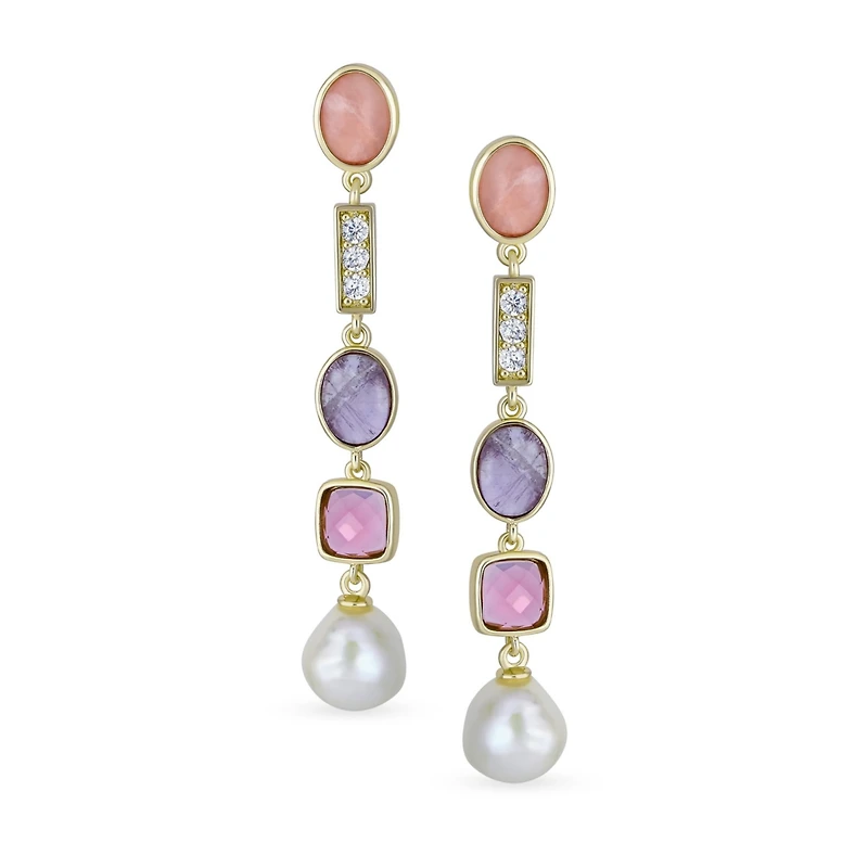 Bling Jewelry Boho Tri Tone Mixed Crystal Accent Linear Thin Long Baroque Pearl Pink Tourmaline Purple Natural Amethyst Dangle Earrings Gold Plated