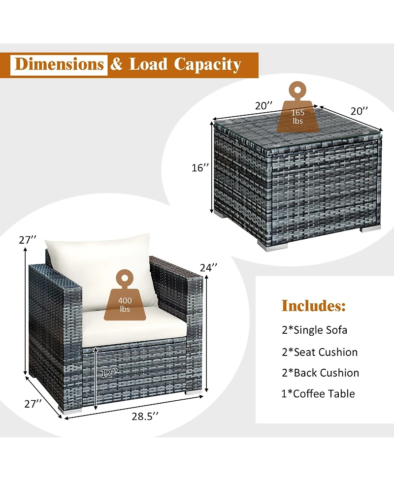 3 Pc Patio Rattan Furniture Bistro Set Cushioned Sofa Chair Table
