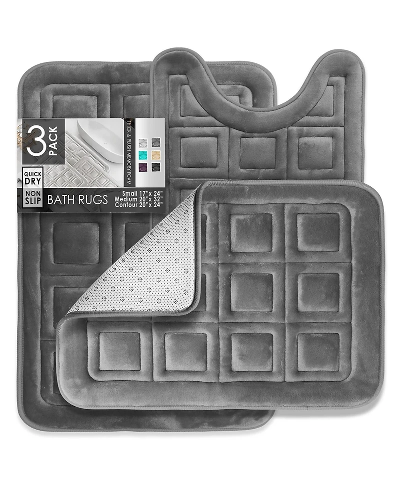 3 Piece Ultra Soft Non-Slip Plush Memory Foam Bath Rug Set - Small, Large & Contour
